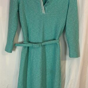 Vintage 1970s early 80sLeslie Fay LF Petite Teal Knit Dress w/ Belt